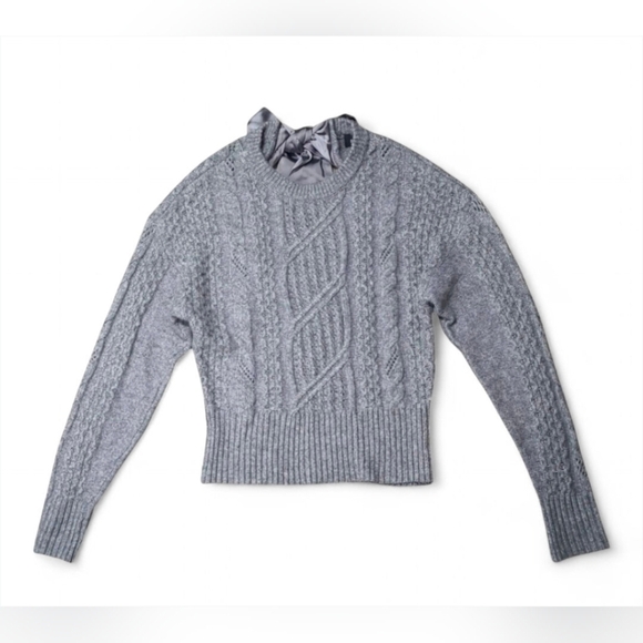 Express Cable Knit Sweater with Satin Tie Back Bow - Gray, Size XS - Picture 7 of 14